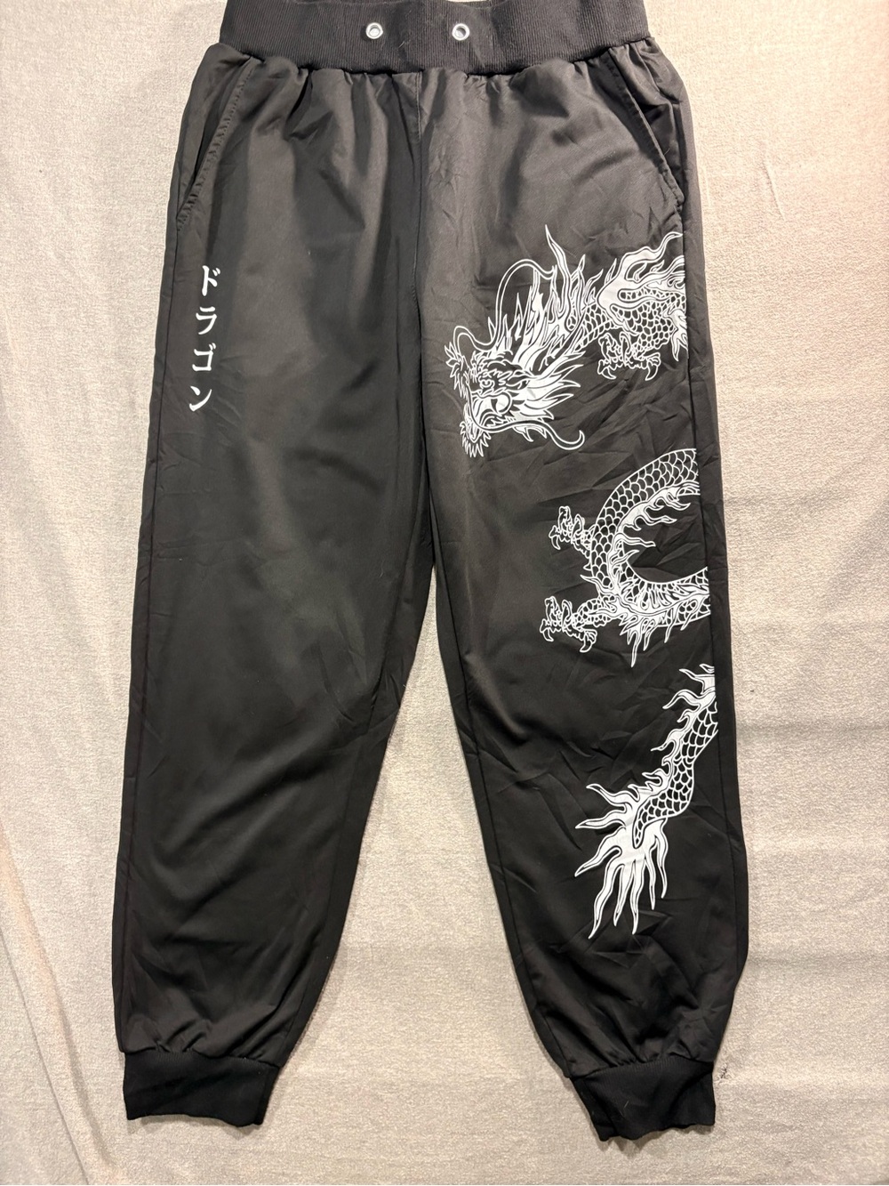 SHEIN Black Jogger Pants with White Dragon Print. Missing drawstring. Stretch